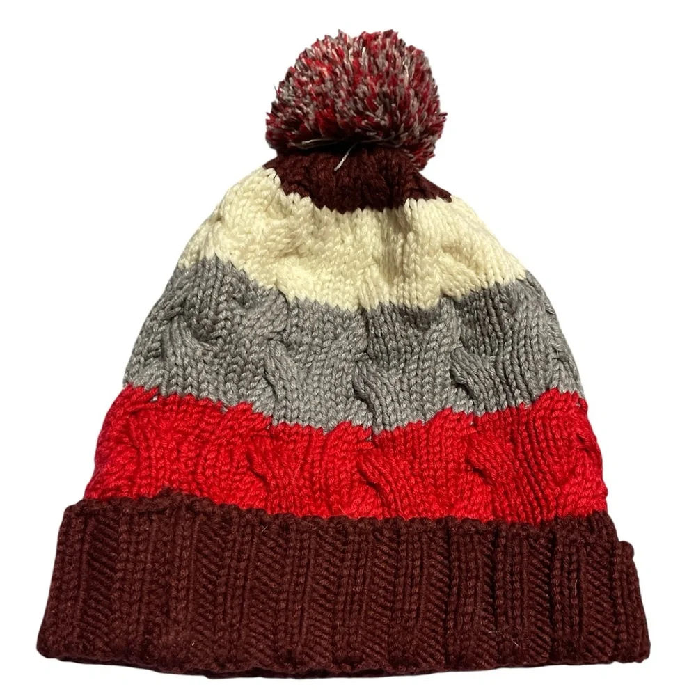 Columbia Red, Gray, and Cream Knit Pom-Pom Hat - Picture 2 of 6